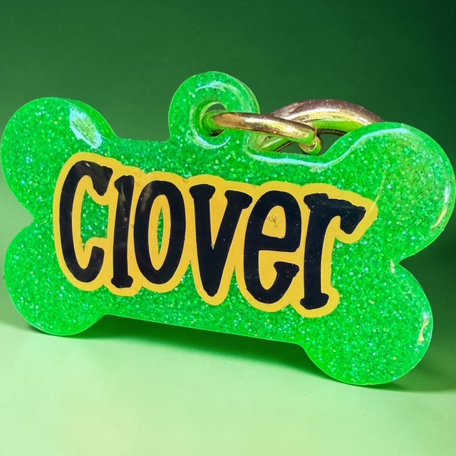 NEON GREEN GLITTER DOG TAG
