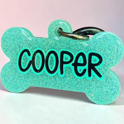 AQUA + SOFT PINK HOLOGRAPHIC GLITTER RESIN DOG TAG