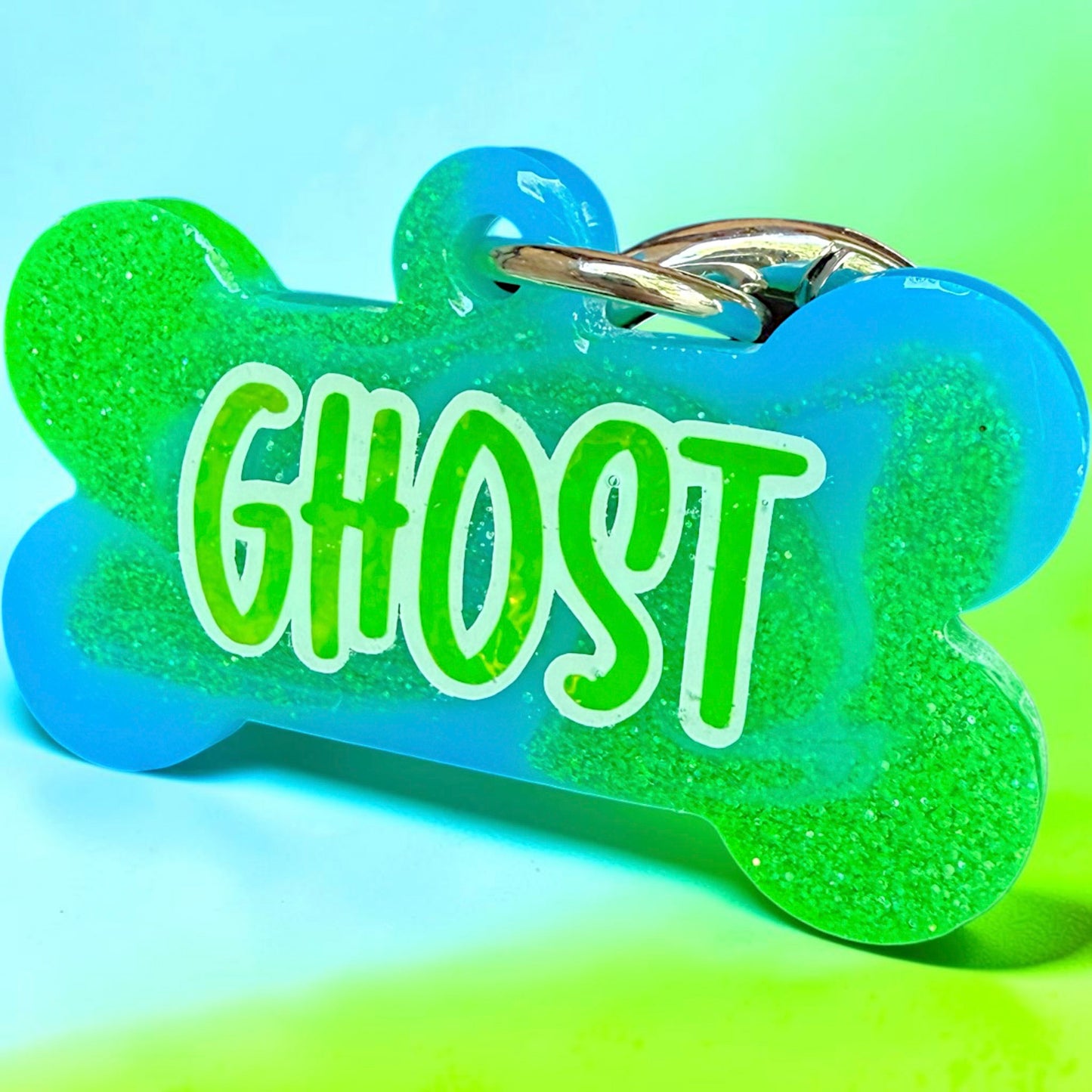 NEON GREEN GLITTER + SOLID BLUE HOLE RESIN DOG TAG